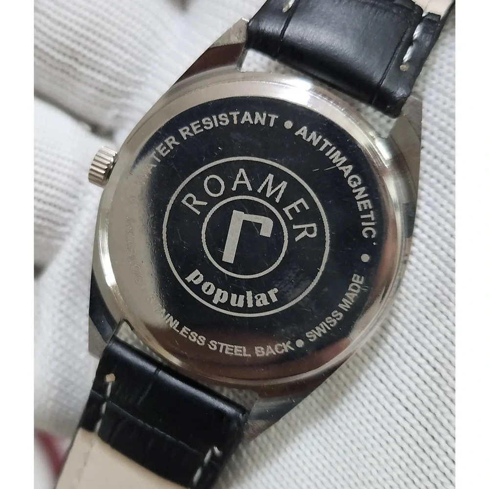 Vintage 1975 Roamer Manual Mens Silver Watch W/Leather Strap & White accents